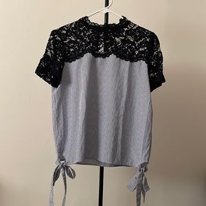 Zara Basic Blue White Stripe Top Lace Side Tie Knot